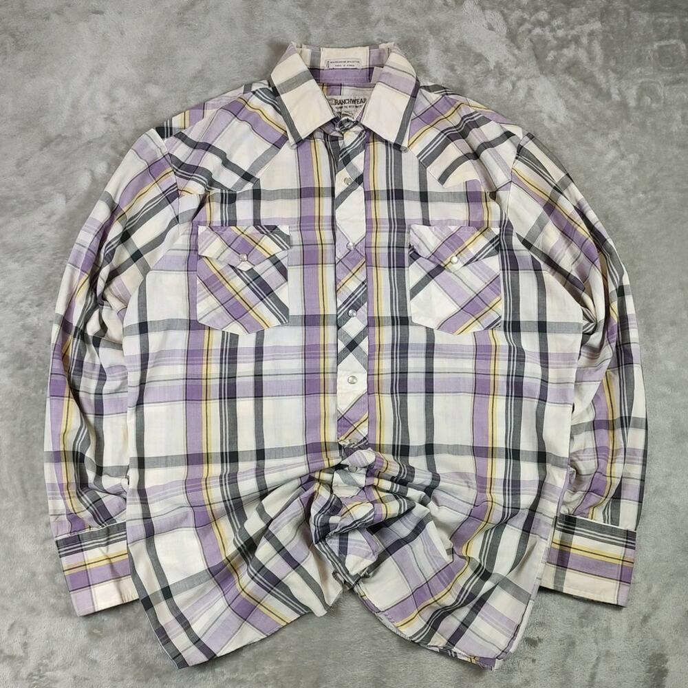 VTG Corral West Ranchwear white/purple plaid western pearl snap shirt mens L